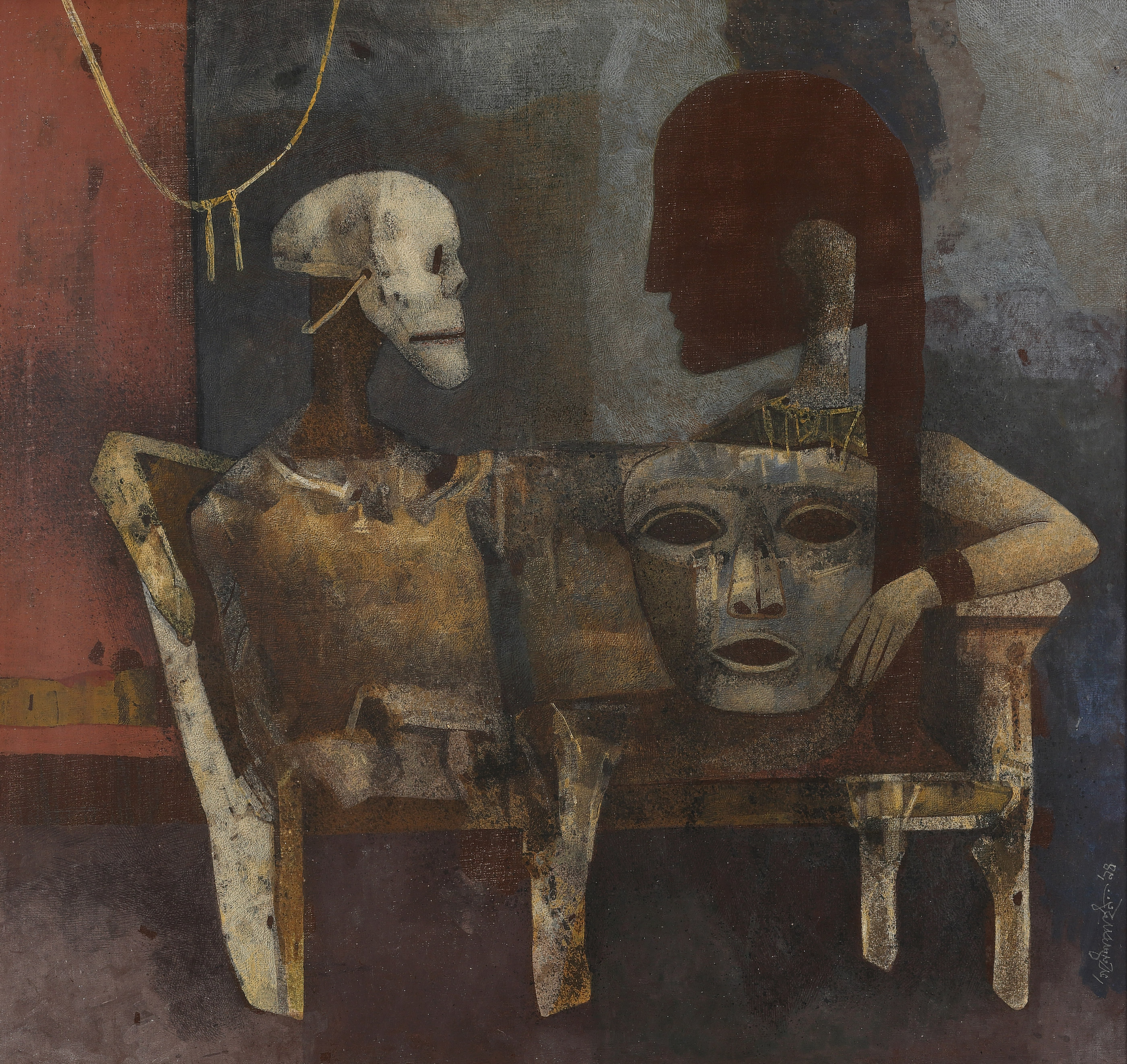 Lot 36 - Ganesh PyneGÇÖs The Masks, 1994, exceeded its pre-sale estimate of INR 55 GÇô 65 lakhs (USD 83,335 GÇô 98,485) and sold at INR 1.32 crores (USD 200,000)