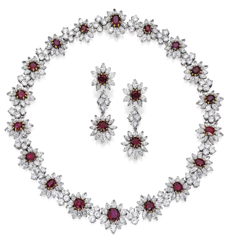 Lot 253 - The Necklace and Pair of Pendant Ear-Clips of the Suite of Platinum, Gold, Ruby and Diamond Jewelry