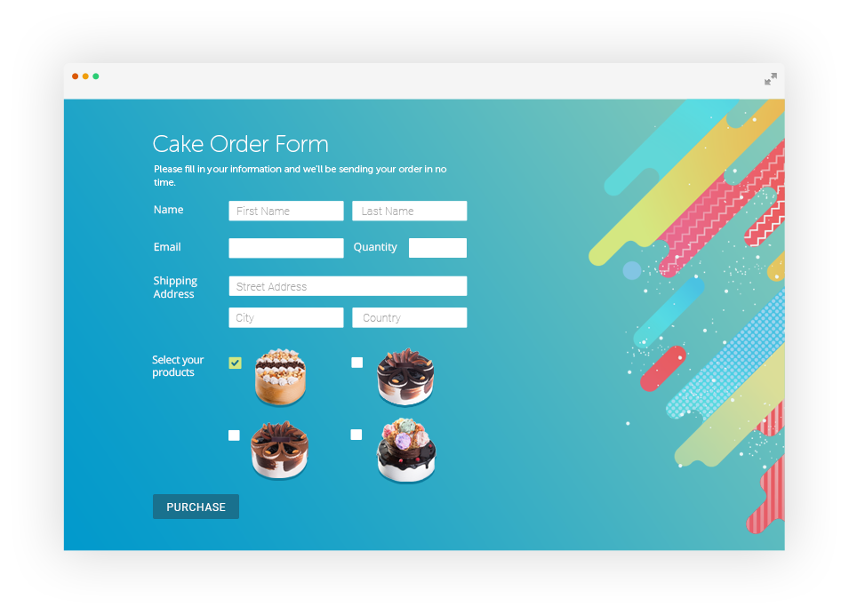 Facebook order form with personalized styling elements