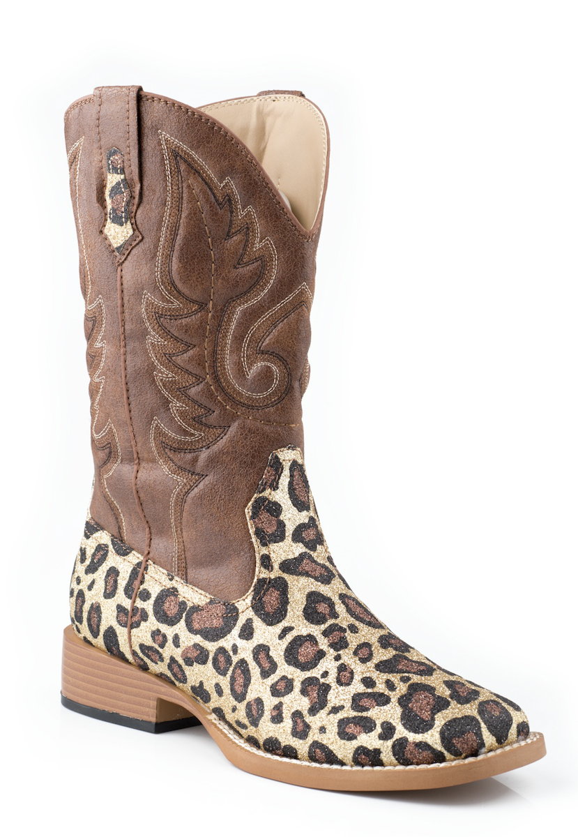 Roper Womens Sq Toe Fancy Brown Faux Leather Leopard Glitter Cowboy