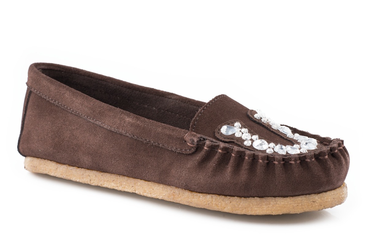 Roper Womens Casual Brown Suede Leather Horseshoe Crystal Moccasin