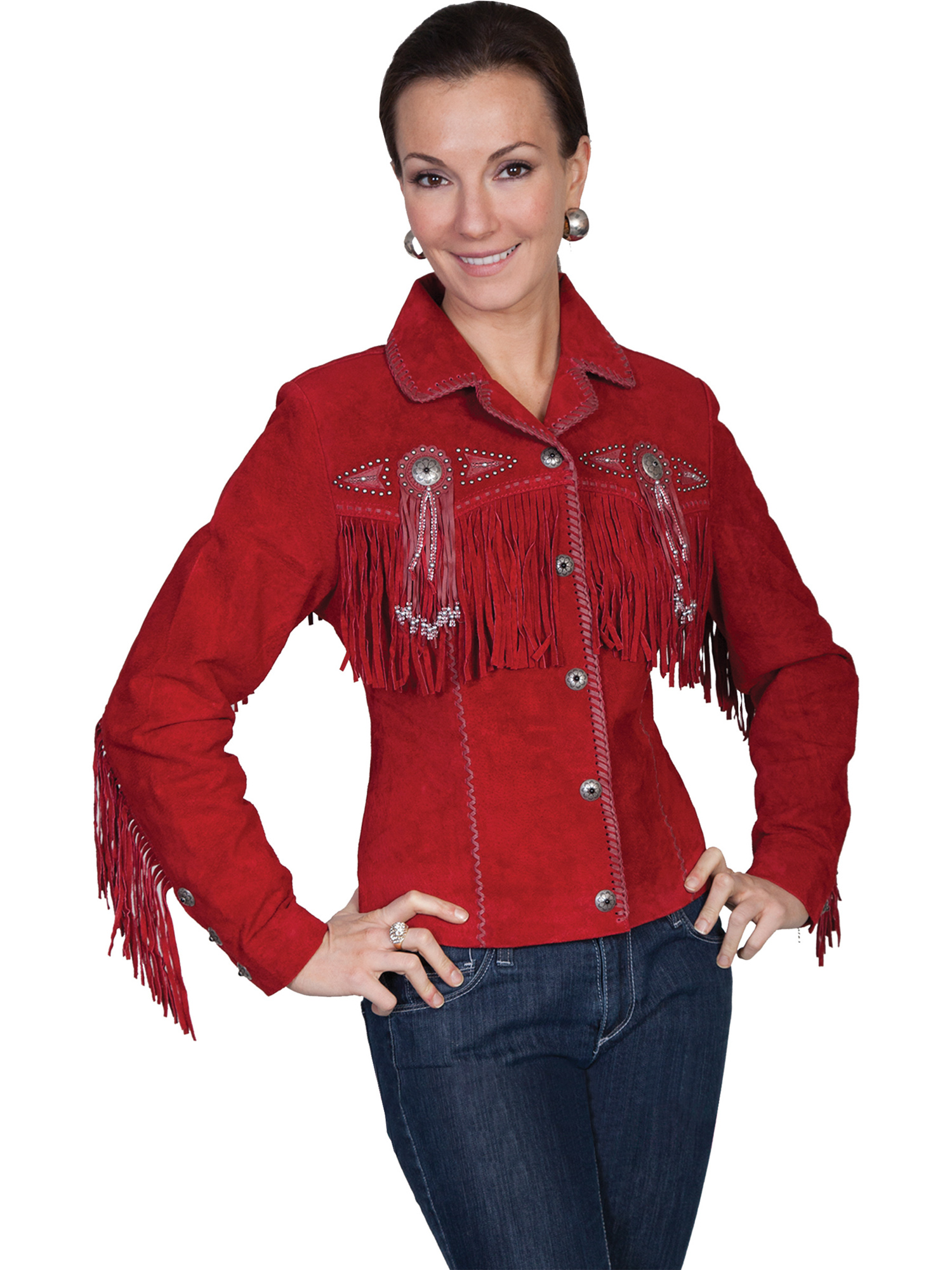 Scully Leather Womens Beaded Fringe Conchos Boar Suede Jacket Red eBay