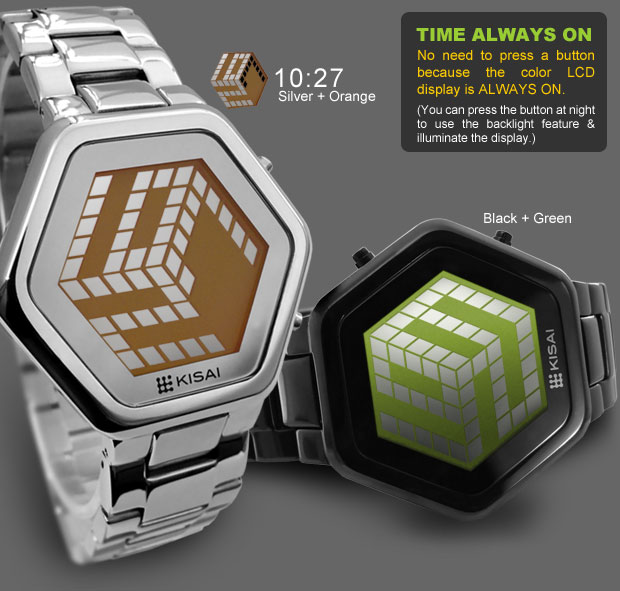 3D Unlimited Silver/Orange and Black/Green LCD watch with 3D display