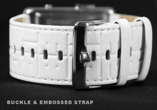 Buckle and embossed strap