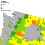 These maps show wildfire vulnerability across a state, region or the entire
country. Wildfire vulnerability takes into account both landscape wildfire risk and socioeconomic factors
in determining how likely an area is to adapt and recover from a wildfire. Gray areas on the maps
correspond to areas where physical risk of large-scale wildfire is unlikely.