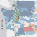 The Washington Environmental Health Disparities Map ranks communities from 1 (blue) to 10 (red) to show the risk they face from environmental health hazards.