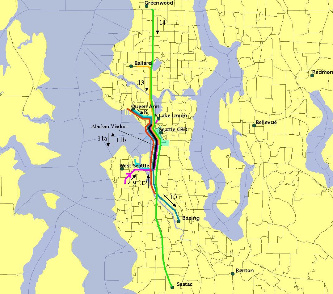 Researchers looked at eight routes that currently include the Alaskan Way Viaduct.