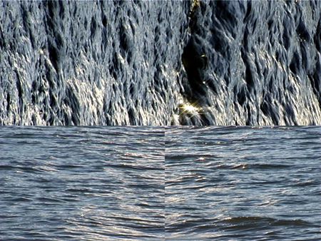Four views of water, the two above turned on their sides, make up this videowatercolor.