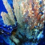 Mechanical arm reachs into spires of a hydrothermal vent