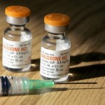 Bottles of naxolone, also known by the trade name Narcan, with needle. Naxolone reverses the effects of heroin.