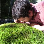 Students uses hand lens to examine moss on rock