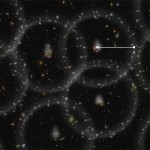 An artist's concept of the latest, highly accurate measurement of the universe from the Baryon Oscillation Spectroscopic Survey. The spheres show the current size of the "baryon acoustic oscillations" from the early universe, which now can be used as a "standard ruler" (white line) to measure the distances to all the galaxies in the universe.