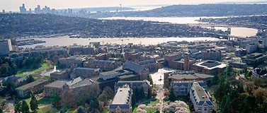 UW campus aerial shot with Seattle landscape