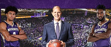 Graphic featuring UW basketball coach Mike Hopkins, player Matisse Thybulle and player Jaylen Nowell