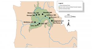 map showing study region with markers on cities: Moses Lake, WA, George, WA, Bickleton, WA, Ritzville, WA, LaCrosse, WA, Genesee, ID, and Graigmont and NezPerce ID