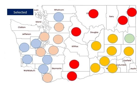 Map of Washington counties with colored dots representing study rankings..