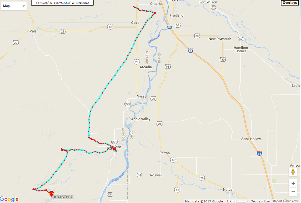 The balloon traveled very closely to the path predicted for it the day before. Each red dot is a position report and these occurred at 60 second intervals. One thing to notice is how the winds changed speed and direction as different altitudes. The largest change in the balloon’s flight occurred at 60,000 feet when the balloon started heading west very slowly. The KD4STH-7 label is one of the amateur radio callsigns my balloon used.