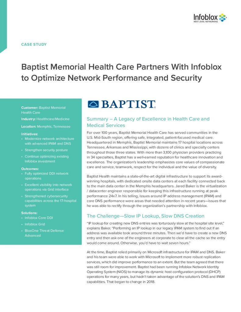 Baptist Memorial Health Care Partners With Infoblox to Optimize Network Performance and Security