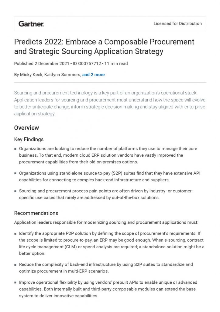 Gartner® Predicts 2022: Embrace a Composable Procurement and Strategic Sourcing Application Strategy