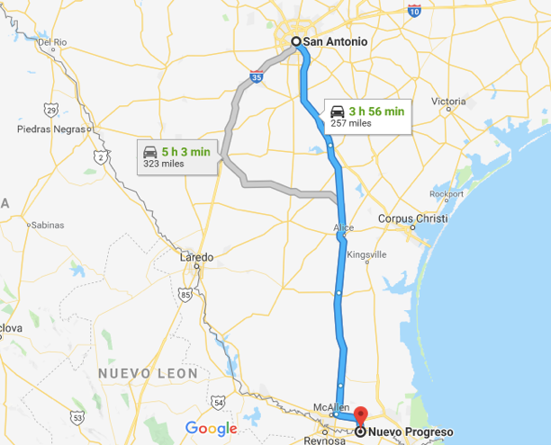 Map to Neuvo Progresso from San Antonio