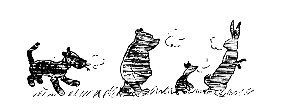 Tigger, Winnie-the-Pooh, Piglet and rabbit traveling toward the right, black and white outline