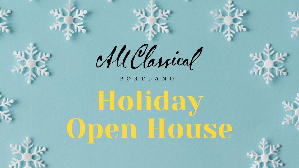 Holiday Open House graphic with snowflakes