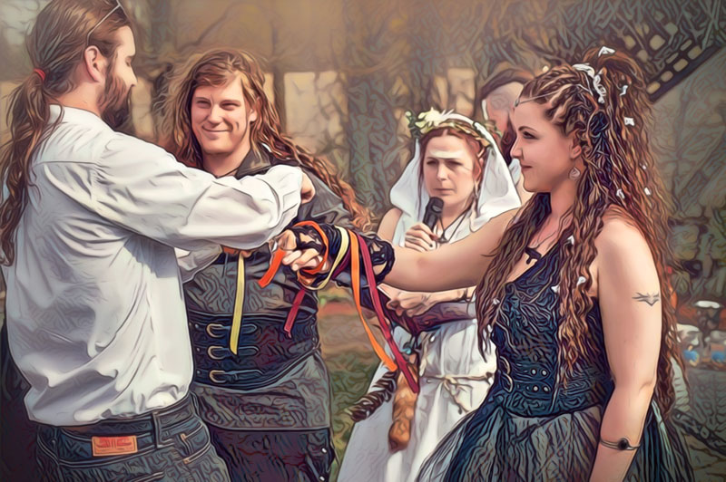 An officiant performs a handfasting for a groom and bride on the wedding day. 