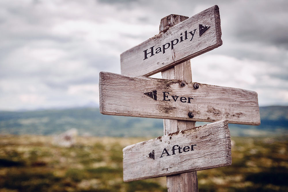 wooden sign posts in a field that say 'happily ever after' 