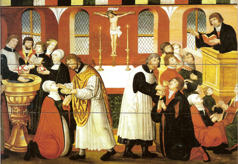 An old painting, showing religious figures in a church administering rites to members of the congregation