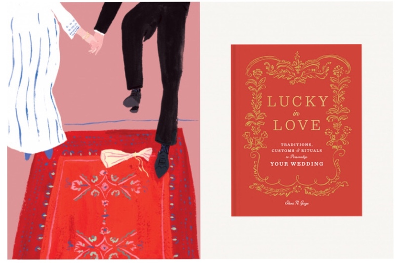 Illustration from Lucky in Love shows a couple breaking a glass with their feet, next to the image is a photo of the book's cover, red with gold lettering 