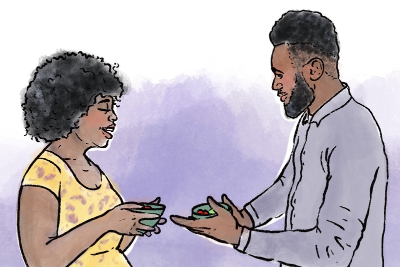 Illustration of a young couple smiling, holding bowls with chili peppers and lime in them during their African Tasting the Elements Wedding Ceremony