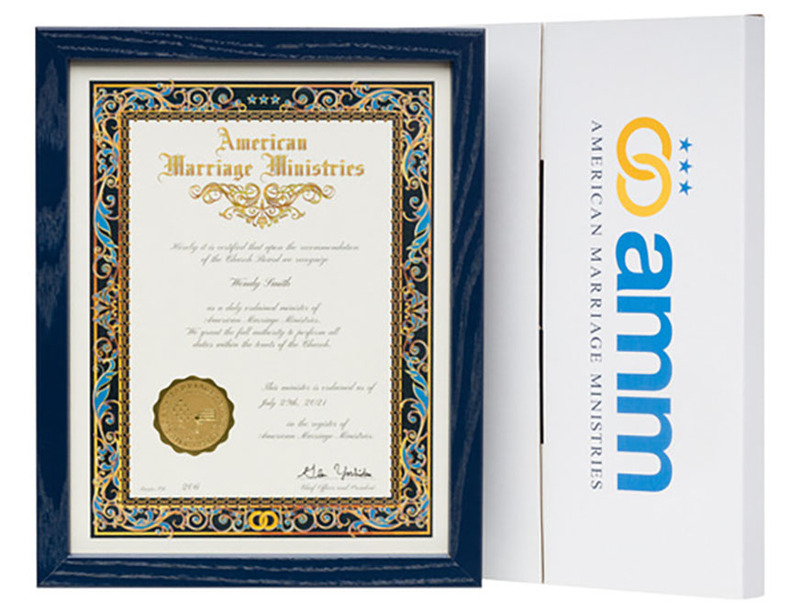 Photo shows the blueberry colored wood certificate frame with an American Marriage Ministries Ordination Certificate inside, next to the frame is a custom decorative printed box for shipping 