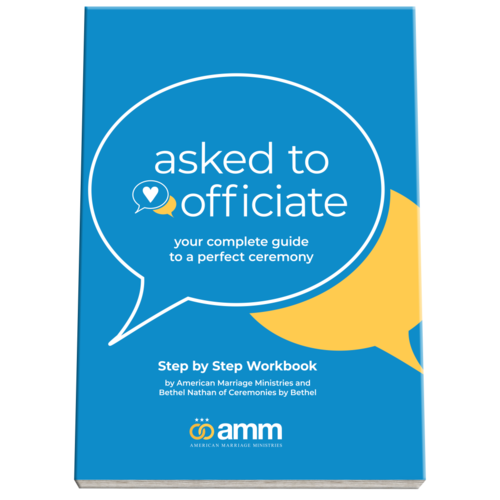 Product photo shows the cover of the American Marriage Ministries wedding officiant training workbook titled Asked to Officiate