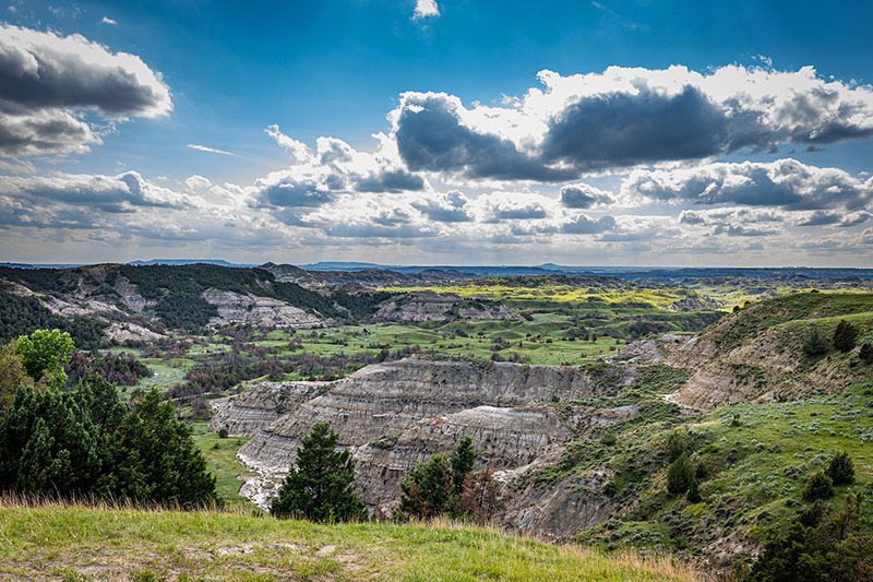 An aerial photograph of the North Dakota badlands