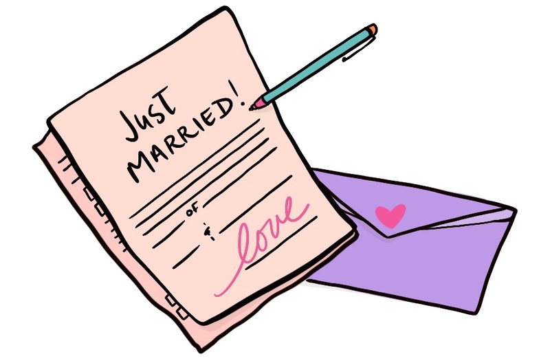 stylized illustration of a marriage license that reads 'Just Married' with blank lines underneath, with an ink pen and envelope