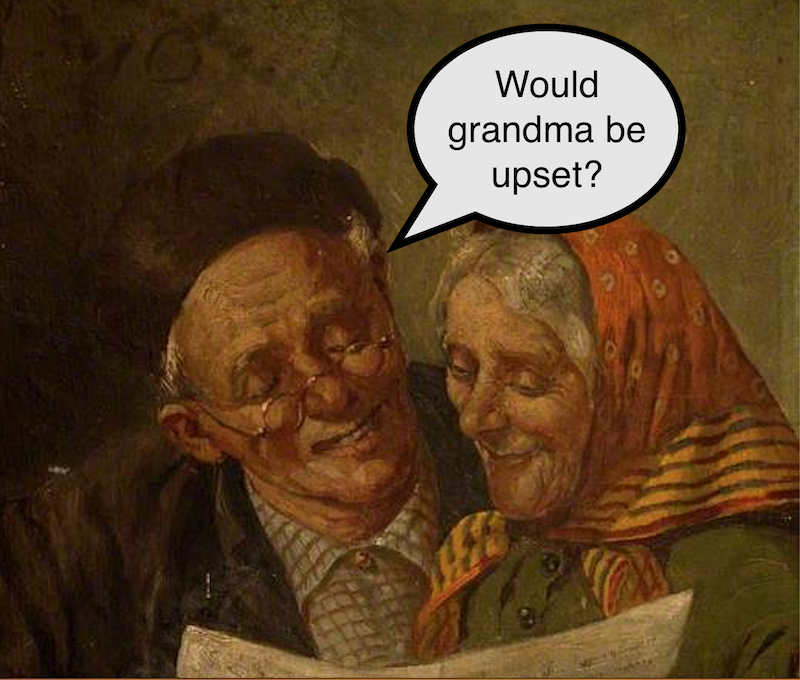 This photo meme shows an elderly man and elderly woman looking down at a sheet of paper. The man says "Would grandma be upset?" to describe the AMM 'Grandma Filter.'