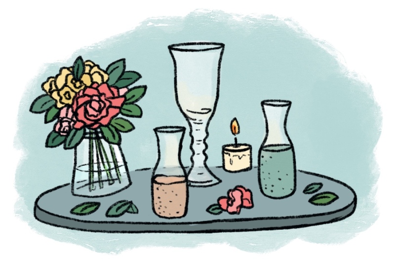 Illustration of a wedding altar decorated with flowers and vases for a sand ceremony