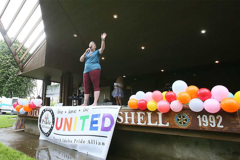 AMM-Minister-Jan-Shannon speaks on stage at the Pride in the Park event over the weekend, Photo taken by Devin Weeks of the Coeur d'Alene Post Falls Press