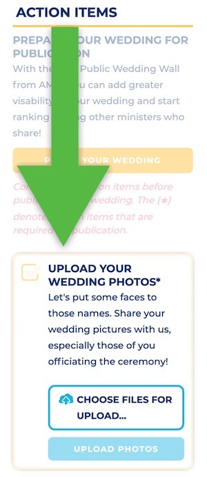 This is a screen shot of the American Marriage Ministries Action Items dashboard, where wedding officiants can upload their photos and wedding scripts and get inspiration from other professionals