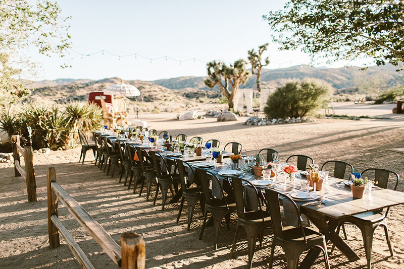 A long table set up with chairs and plate settings with cactus and mountains in the background, a desert setting