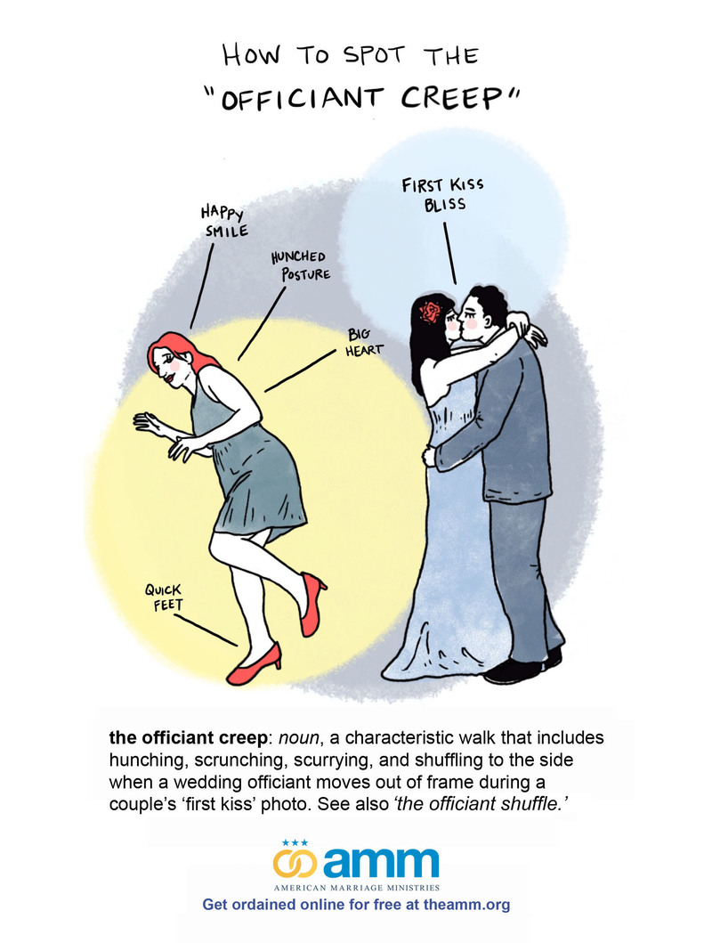 Illustrated graphic of a wedding officiant doing the 'officiant creep' during a wedding ceremony. The drawing says "how to spot the officiant creep" at the top, and below is a female wedding officiant walking away as a couple shares their first kiss as newlyweds. 