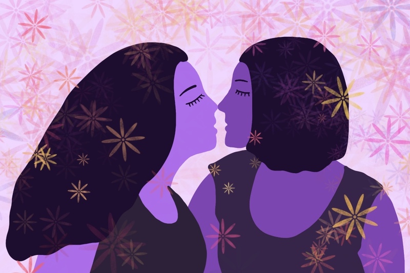 Illustration of two women kissing, stylized drawing by Jessica Levey, purple background with side profiles