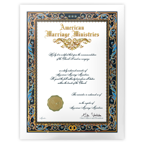 A product photo of a standard Ordination Certificate issued to ordained ministers from American Marriage Ministries