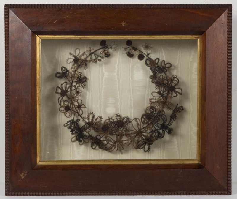 A framed Victorian hair wreath from the museum collection in Hardin County, Ohio