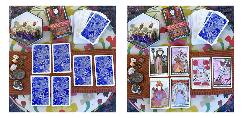 Two images, side by side, with six tarot cards laid out in order. Around them are some sage and lavender, the tarot deck, with stones and crystals. 