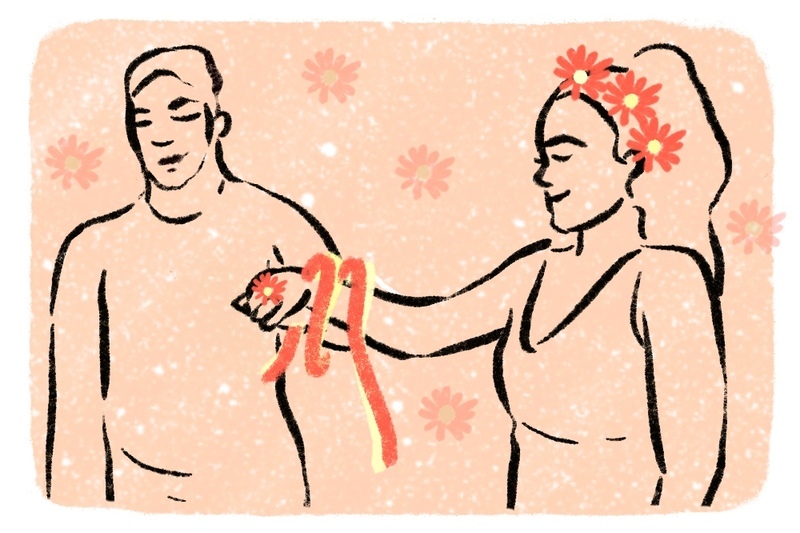 Stylized illustration of a groom and bride handfasting ceremony, with peach background and black lines