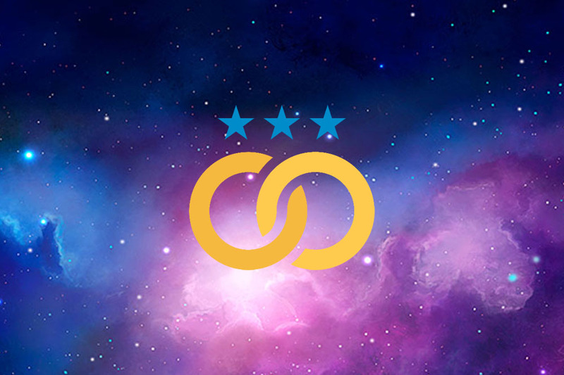 A stylized image of a cosmos, with clouds and stars, and the American Marriage Ministries logo overlaid, with two gold rings and three blue stars