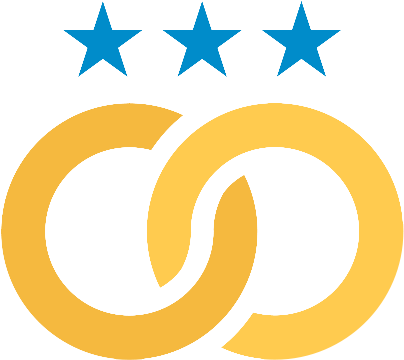 American Marriage Ministries logo of two interlocked gold rings with three light blue stars above them