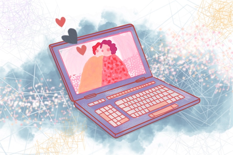 Illustration of a laptop with a happy newlywed couple