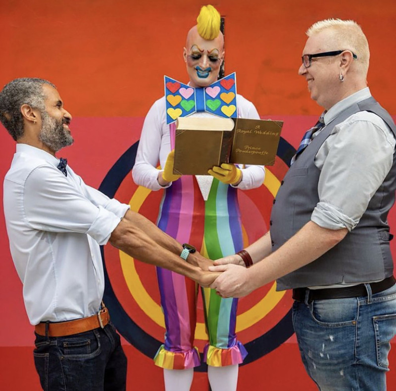 Officiant & Performer Eric Strauss as Prince Powderpouffee performs a wedding ceremony at Pride in NYC